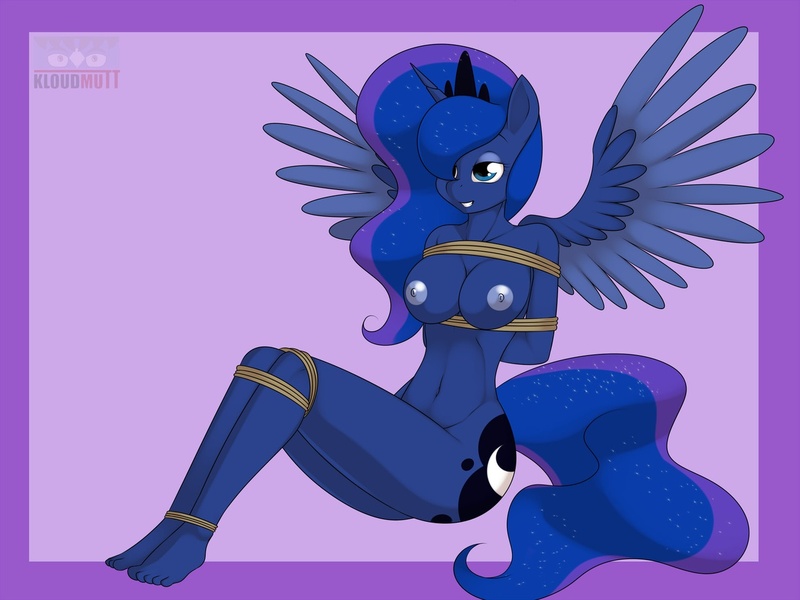 Size: 1280x960 | Tagged: anthro, artist:kloudmutt, barefoot, bondage, box tied, breast bondage, breasts, derpibooru import, feet, female, nipples, nudity, plantigrade anthro, princess luna, questionable, rope, solo, solo female, tied up