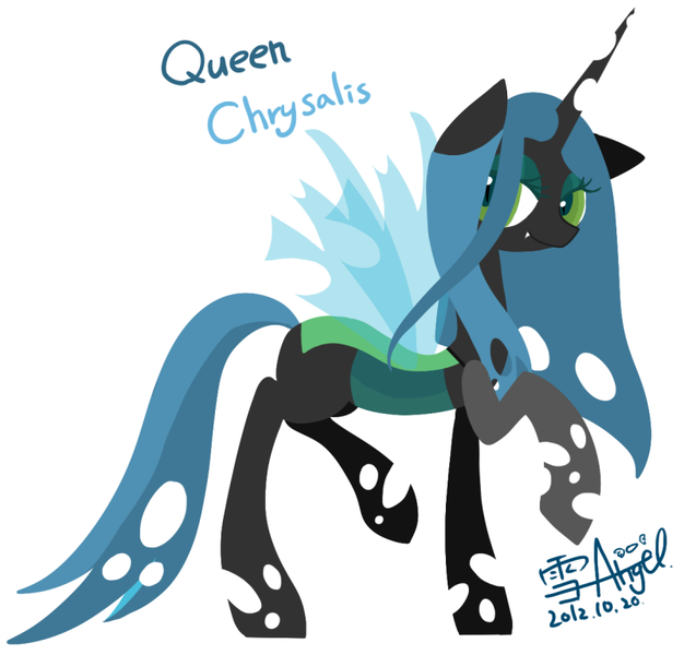 Size: 801x768 | Tagged: safe, artist:snow angel, derpibooru import, queen chrysalis, cute, cutealis, cutout, lidded eyes, pixiv, raised leg, signed, simple background, solo