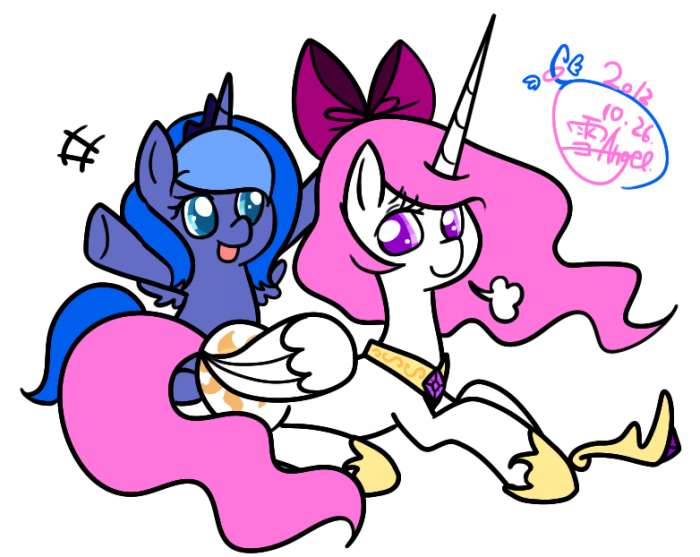 Size: 700x557 | Tagged: safe, artist:snow angel, derpibooru import, princess celestia, princess luna, pony, cute, cutelestia, filly, japanese, pink-mane celestia, pixiv, woona