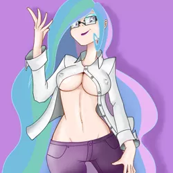 Size: 800x800 | Tagged: artist:wouhlven, ask video game nerd celestia, belly button, breasts, busty princess celestia, derpibooru import, female, glasses, human, humanized, princess celestia, solo, suggestive, underboob, wide hips