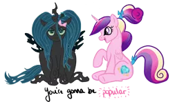 Size: 1080x639 | Tagged: artist:cluttercluster, derpibooru import, princess cadance, queen chrysalis, ribbon, safe, wicked