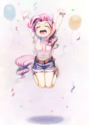 Size: 900x1273 | Tagged: artist:aruurara, balloon, clothes, confetti, cute, derpibooru import, diapinkes, eared humanization, happy, humanized, jumping, midriff, pinkie pie, safe, shorts, solo, tailed humanization