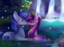 Size: 800x591 | Tagged: safe, artist:incinerater, derpibooru import, princess cadance, shining armor, alicorn, pony, blushing, female, male, mare, missing horn, shiningcadance, shipping, stallion, straight, waterfall