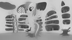 Size: 1920x1080 | Tagged: safe, derpibooru import, rainbow dash, pegasus, pony, black and white, blurred, book, golden oaks library, grayscale, library, monochrome, old, old photo