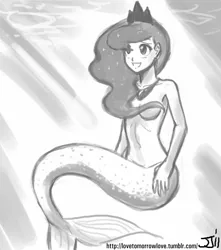 Size: 882x1000 | Tagged: artist:johnjoseco, belly button, breasts, derpibooru import, female, godiva hair, grayscale, human, humanized, mermaid, mermaidized, monochrome, nudity, princess luna, solo, solo female, source needed, strategically covered, suggestive