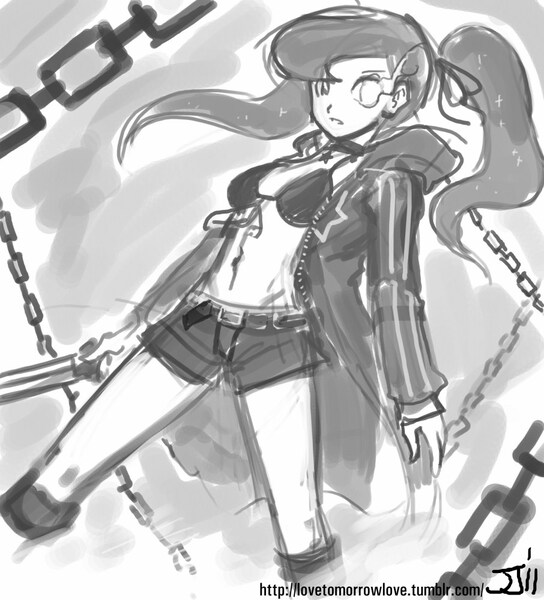 Size: 906x1000 | Tagged: artist:johnjoseco, black rock shooter, chains, crossover, derpibooru import, grayscale, human, humanized, monochrome, princess luna, safe, solo, sword, warrior luna, weapon