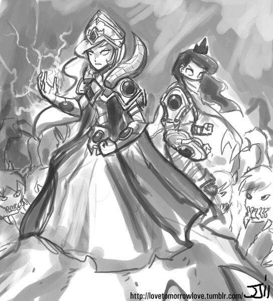 Size: 906x1000 | Tagged: artist:johnjoseco, crossover, dark templar, derpibooru import, derpy hooves, grayscale, high templar, human, humanized, monochrome, princess celestia, princess luna, protoss, safe, starcraft