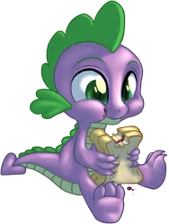 Size: 421x561 | Tagged: safe, artist:kittehkatbar, derpibooru import, spike, dragon, baby, baby dragon, claws, cute, eating, food, green eyes, holding, male, sandwich, signature, simple background, sitting, spikabetes, transparent background