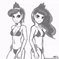 Size: 850x850 | Tagged: artist:johnjoseco, bikini, breasts, cleavage, clothes, cutie mark on human, derpibooru import, female, females only, grayscale, human, humanized, monochrome, princess luna, s1 luna, self ponidox, suggestive, swimsuit, the fun has been doubled
