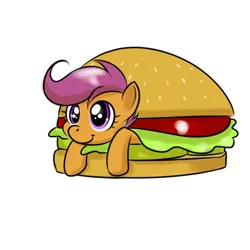 Size: 2000x2000 | Tagged: artist:kloudmutt, burger, chicken burger, cute, cutealoo, derpibooru import, food, hamburger, ponies in food, safe, scootaburger, scootachicken, scootaloo, simple background, solo, white background