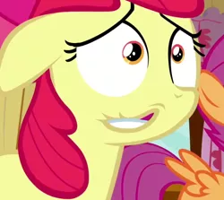 Size: 716x638 | Tagged: apple bloom, clubhouse, cropped, crusaders clubhouse, derpibooru import, edit, edited screencap, floppy ears, hearts and hooves day, hearts and hooves day (episode), inverted mouth, offscreen character, safe, screencap, solo focus