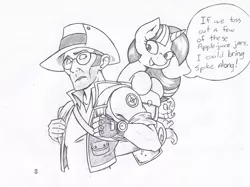 Size: 1084x809 | Tagged: safe, artist:joey darkmeat, derpibooru import, trixie, twilight sparkle, pony, crossover, jar, jarate, lineart, monochrome, pee in container, plushie, sketch, sniper, team fortress 2, traditional art, urine