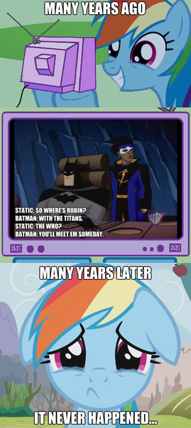 Size: 563x1255 | Tagged: safe, derpibooru import, rainbow dash, pony, batman, exploitable meme, meme, sad, static, tv meme