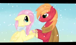 Size: 900x535 | Tagged: safe, artist:marisalle, derpibooru import, big macintosh, fluttershy, earth pony, pony, clothes, fluttermac, male, scarf, shipping, stallion, straight