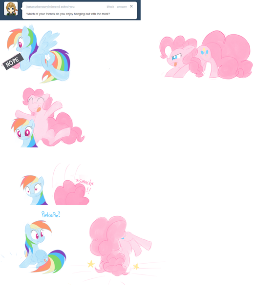 Size: 1192x1376 | Tagged: safe, artist:bambooharvester, derpibooru import, pinkie pie, rainbow dash, ask, comic, faceplant, female, implied shipping, lesbian, pinkie pie replies, pinkiedash, shipping, tumblr