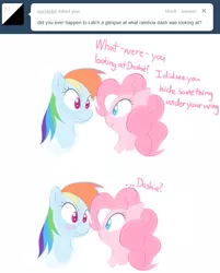 Size: 651x811 | Tagged: safe, artist:bambooharvester, derpibooru import, pinkie pie, rainbow dash, ask, female, implied shipping, lesbian, pinkie pie replies, pinkiedash, shipping, tumblr