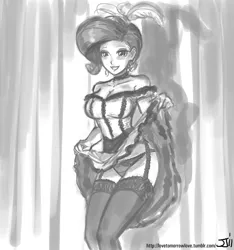 Size: 1000x1069 | Tagged: artist:johnjoseco, breasts, burlesque, busty rarity, can-can, choker, clothes, costume, derpibooru import, female, garter belt, grayscale, human, humanized, lingerie, monochrome, panties, rarity, saloon dress, showgirl, solo, solo female, stockings, suggestive, underwear