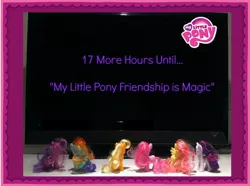 Size: 626x466 | Tagged: applejack, brushable, countdown, derpibooru import, fluttershy, hype, irl, my little pony logo, official, photo, pinkie pie, rainbow dash, rarity, safe, season 3, title drop, toy, twilight sparkle