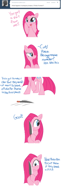 Size: 668x2008 | Tagged: safe, artist:bambooharvester, derpibooru import, pinkie pie, earth pony, pony, ask, comic, cute, cuteamena, female, knife, mare, pinkamena diane pie, pinkie pie replies, pinkie promise, solo, tumblr, weapon