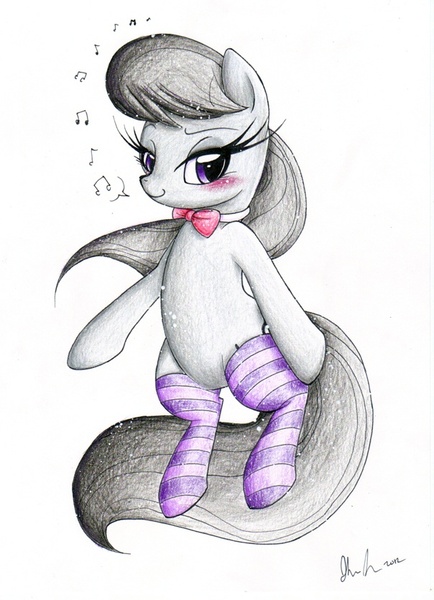 Size: 604x835 | Tagged: artist:prettypinkpony, clothes, derpibooru import, octavia melody, safe, socks, socktavia, solo, striped socks, traditional art