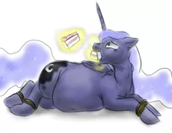 Size: 956x737 | Tagged: artist:defenceless, belly, bondage, cake, derpibooru import, fat, food, force feeding, princess luna, princess moonpig, safe, story in the source, stuffing, weight gain