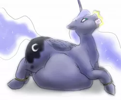 Size: 652x536 | Tagged: artist:defenceless, belly, bondage, cake, derpibooru import, fat, food, force feeding, princess luna, safe, story in the source, stuffing, weight gain