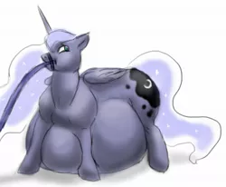 Size: 641x527 | Tagged: artist:defenceless, belly, bondage, derpibooru import, fat, feeding tube, force feeding, hose, inflation, princess luna, safe, story in the source, stuffing, weight gain