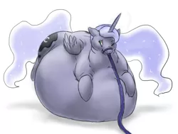 Size: 926x700 | Tagged: artist:defenceless, belly, bondage, derpibooru import, fat, feeding tube, force feeding, hose, moonbutt, morbidly obese, obese, plot, princess luna, roll, safe, story in the source, stuffing, weight gain