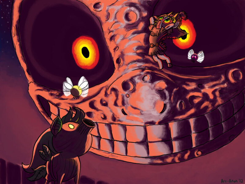 Size: 900x675 | Tagged: artist:aa, deku link, derpibooru import, link, nintendo, ponified, safe, skull kid, tael, tatl, termina's moon, the legend of zelda, the legend of zelda: majora's mask