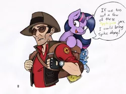 Size: 804x600 | Tagged: artist:joey darkmeat, colored, crossover, derpibooru import, frown, human, jar, jarate, open mouth, pee in container, plushie, safe, sketch, smiling, sniper, team fortress 2, trixie, twilight sparkle, urine, wide eyes