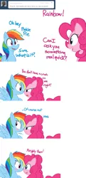 Size: 947x1962 | Tagged: safe, artist:bambooharvester, derpibooru import, pinkie pie, rainbow dash, ask, blushing, close-up, comic, female, implied shipping, lesbian, pinkie pie replies, pinkiedash, shipping, tumblr