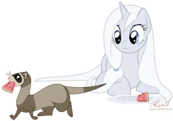 Size: 1404x980 | Tagged: safe, artist:kumkrum, derpibooru import, oc, oc:snowflake flair, unofficial characters only, ferret, mouth hold, simple background, stalwart, transparent background, watermelon