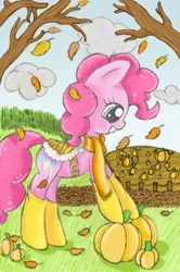 Size: 888x1338 | Tagged: safe, artist:mykittyjasper, derpibooru import, pinkie pie, earth pony, pony, autumn, autumn leaves, leaf, leaves, pumpkin, solo