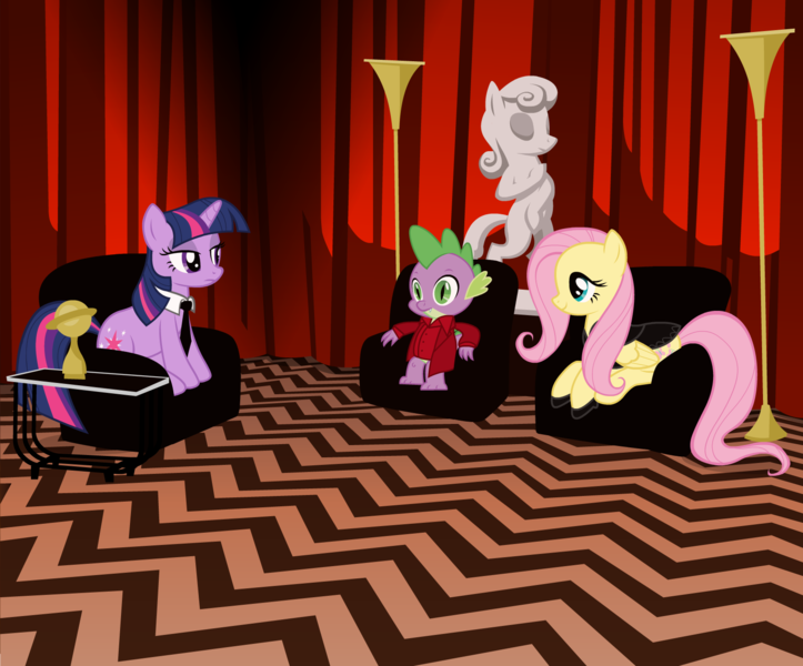 Size: 1625x1348 | Tagged: artist:tweevle, dale cooper, david lynch, derpibooru import, fluttershy, laura palmer, mark frost, parody, safe, spike, statue, twilight sparkle, twin peaks