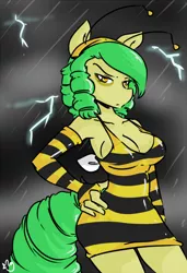 Size: 546x798 | Tagged: anthro, anthro oc, artist:duckdraw, breasts, derpibooru import, discorded, female, lightning, oc, oc:buzzy bee, rain, solo, solo female, suggestive, unofficial characters only