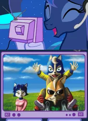 Size: 563x769 | Tagged: safe, derpibooru import, princess luna, fox, pony, gamer luna, exploitable meme, fox mccloud, krystal, malcom mccloud, marcus mccloud, meme, star fox, star fox command, tv meme