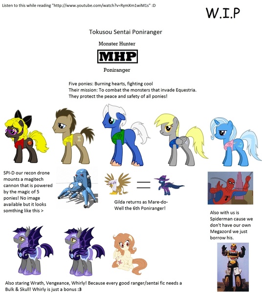 Size: 1872x2096 | Tagged: safe, derpibooru import, derpy hooves, doctor whooves, gilda, mare do well, time turner, trixie, oc, oc:jack-o-lantern, oc:meteor venture, oc:whirly willow, bat pony, earth pony, gryphon, pegasus, pony, unicorn, fanfic, female, jack-o-lantern, male, mare, night guard, power rangers, spider-man, stallion, super sentai, tachikoma, wip