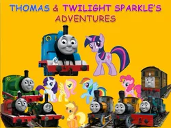 Size: 891x667 | Tagged: applejack, crossover, derpibooru import, emily the emerald engine, fluttershy, james the red engine, mane six, percy the small engine, pinkie pie, rainbow dash, rarity, safe, thomas and friends, thomas the tank engine, toby the tram engine, train, twilight sparkle