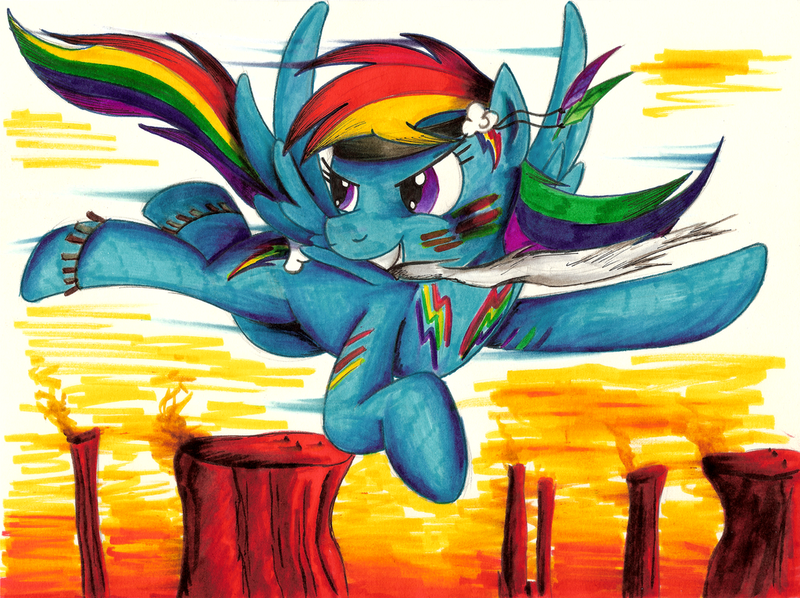 Size: 1024x765 | Tagged: safe, artist:jamescorck, derpibooru import, rainbow dash, pegasus, pony, feather, flying, indian, native american, solo, squaw dash, war paint