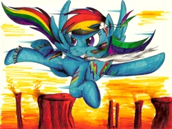 Size: 1024x765 | Tagged: safe, artist:jamescorck, derpibooru import, rainbow dash, pegasus, pony, feather, flying, indian, native american, solo, squaw dash, war paint