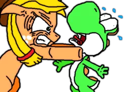 Size: 476x348 | Tagged: safe, artist:icelucario64, derpibooru import, applejack, earth pony, pony, yoshi, angry, choking, crossover, female, mare, parody, strangling, super mario bros., the simpsons, why you little