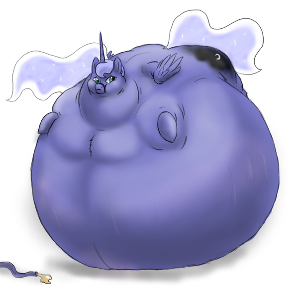 Size: 818x820 | Tagged: questionable, artist:defenceless, derpibooru import, princess luna, alicorn, pony, belly, fat, feeding tube, hose, immobile, impossibly large belly, inflation, morbidly obese, obese, story in the source, weight gain