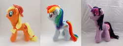 Size: 1500x563 | Tagged: safe, artist:enphra, derpibooru import, applejack, rainbow dash, twilight sparkle, pony, amigurumi, crochet, irl, photo, plushie