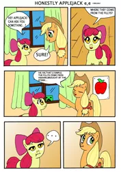 Size: 900x1273 | Tagged: apple bloom, applejack, artist:ciriliko, comic, creeper, derpibooru import, engrish, liar face, liarjack, safe, scrunchy face