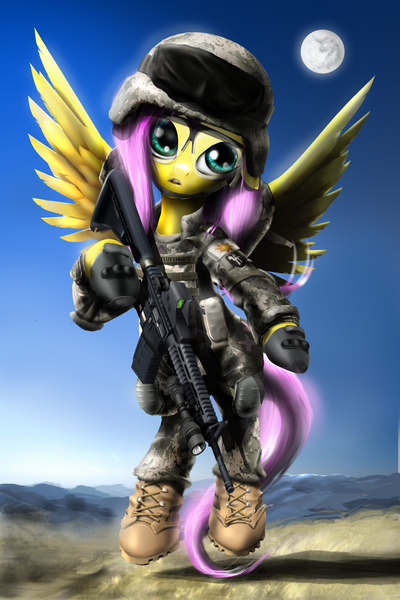 Size: 2000x3000 | Tagged: ar15, artist:wylfden, badass, clothes, derpibooru import, eotech, flutterbadass, fluttershy, gun, helmet, military, moon, picatinny rail, rifle, safe, uniform