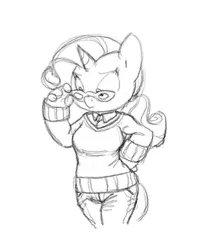 Size: 501x606 | Tagged: anthro, artist:carnifex, clothes, derpibooru import, glasses, monochrome, rarity, safe, sweater