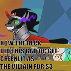 Size: 700x700 | Tagged: cropped, derpibooru import, discussion, edit, edited screencap, king sombra, safe, screencap, solo, sombra drama, text, the crystal empire
