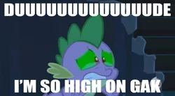 Size: 1174x650 | Tagged: derpibooru import, edit, edited screencap, gak, hub logo, image macro, safe, screencap, spike, spoiler:s03, stoner spike, the crystal empire, urban dictionary