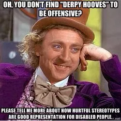 Size: 311x311 | Tagged: safe, derpibooru import, derpy hooves, human, all caps, background pony strikes again, condescending wonka, derpygate, image macro, impact font, irl, meme, meta, photo