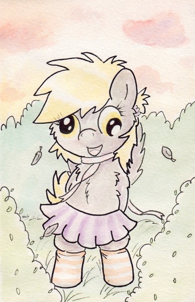 Size: 728x1127 | Tagged: safe, artist:slightlyshade, derpibooru import, derpy hooves, pegasus, pony, clothes, cute, female, mare, ribbon, skirt, socks, solo, striped socks, traditional art